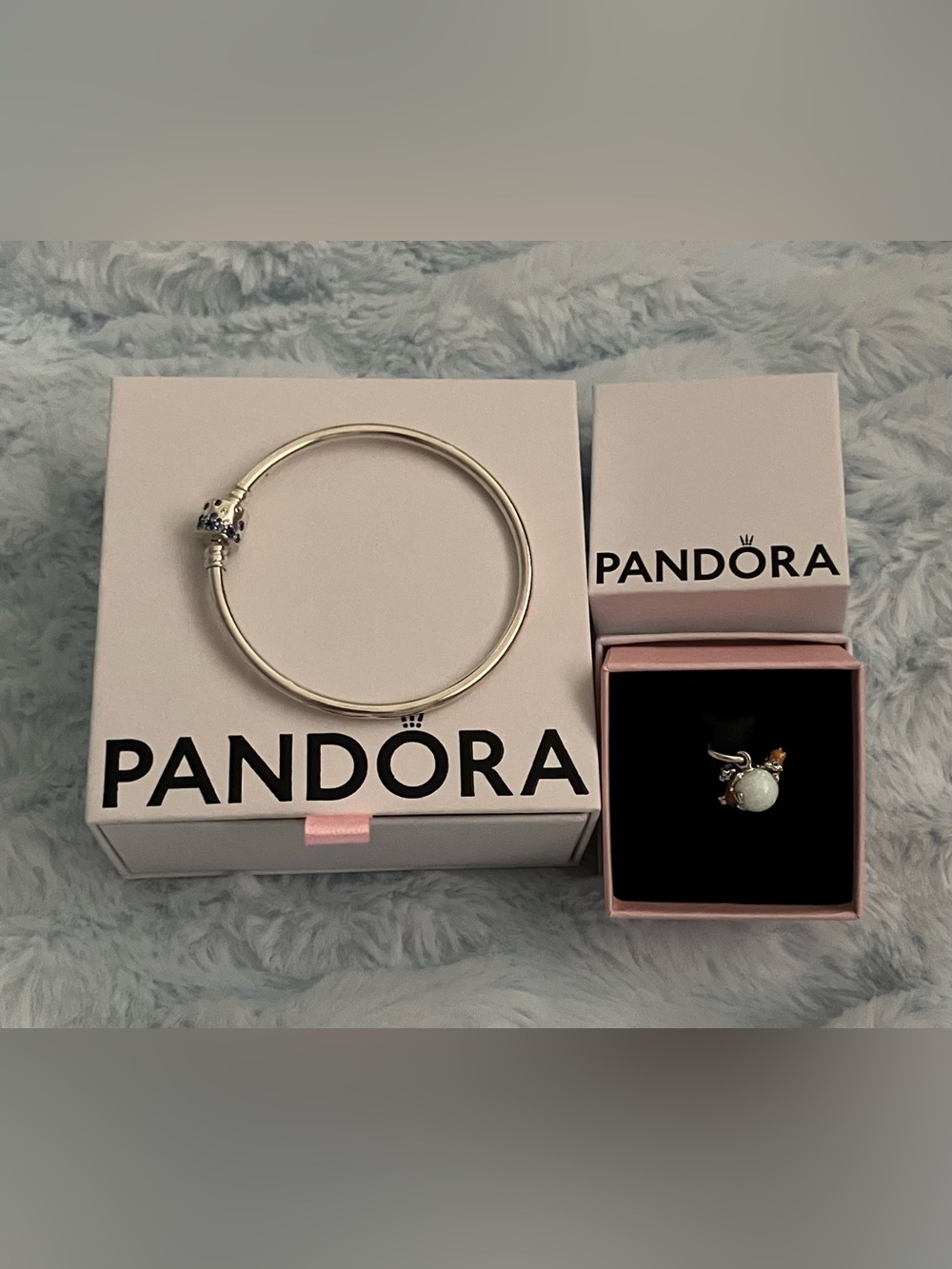 Pandora Silver Charm Bangle Bracelet w/ Blue Stones & Chip N Dale Snowball Charm